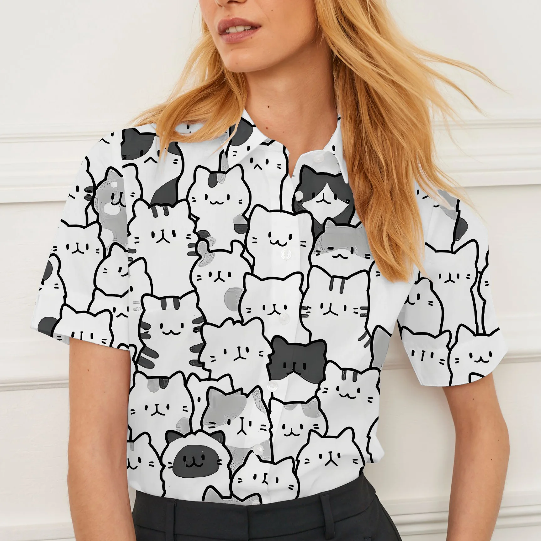 

New style shirt short sleeve summer women's cat pattern design breathable suitable for daily or formal wear fashionable casual