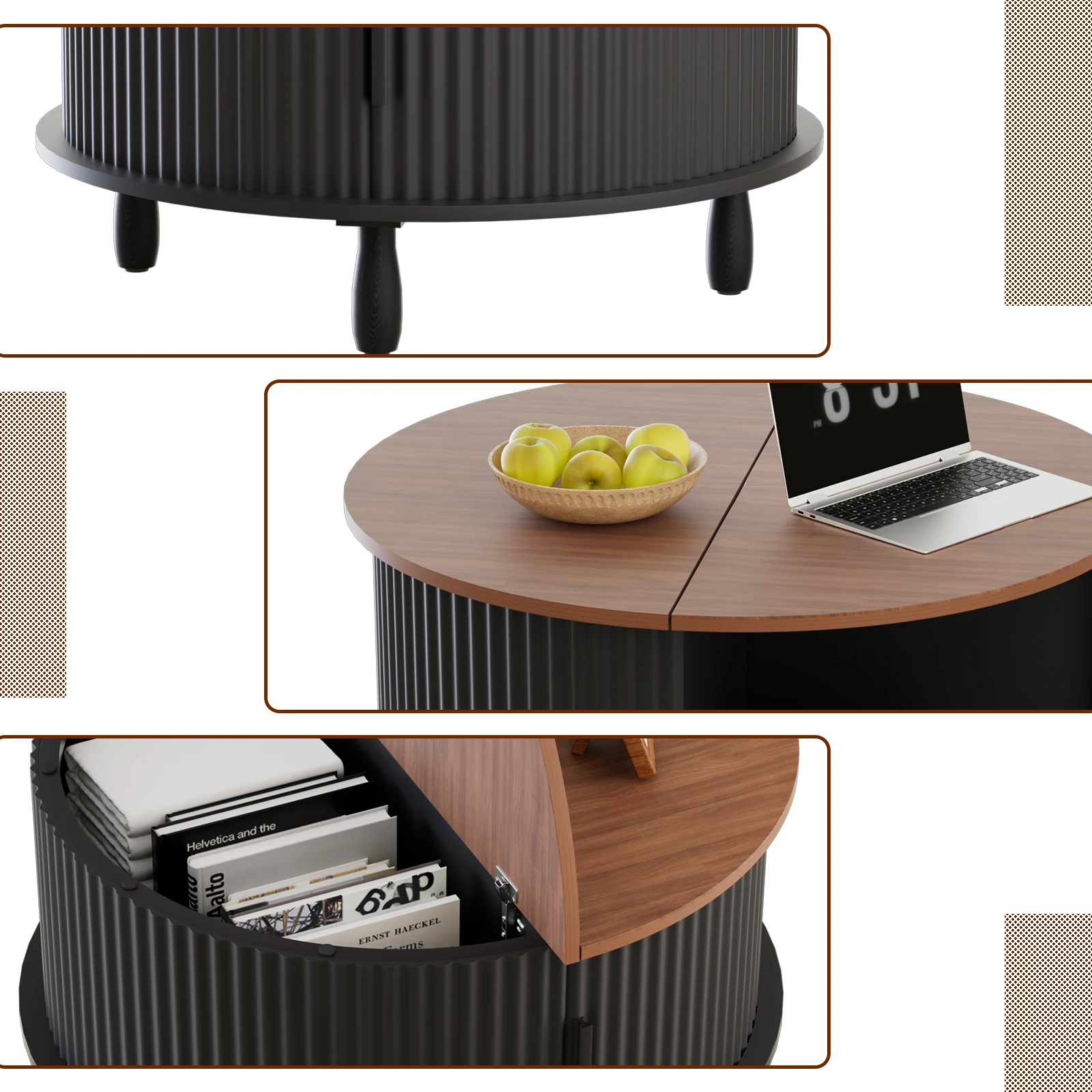 

Wavy Flip-Top Round Coffee Table, Solid Wood Frame with Sliding Doors, Elevated Legs Space Saving Home Tea Table