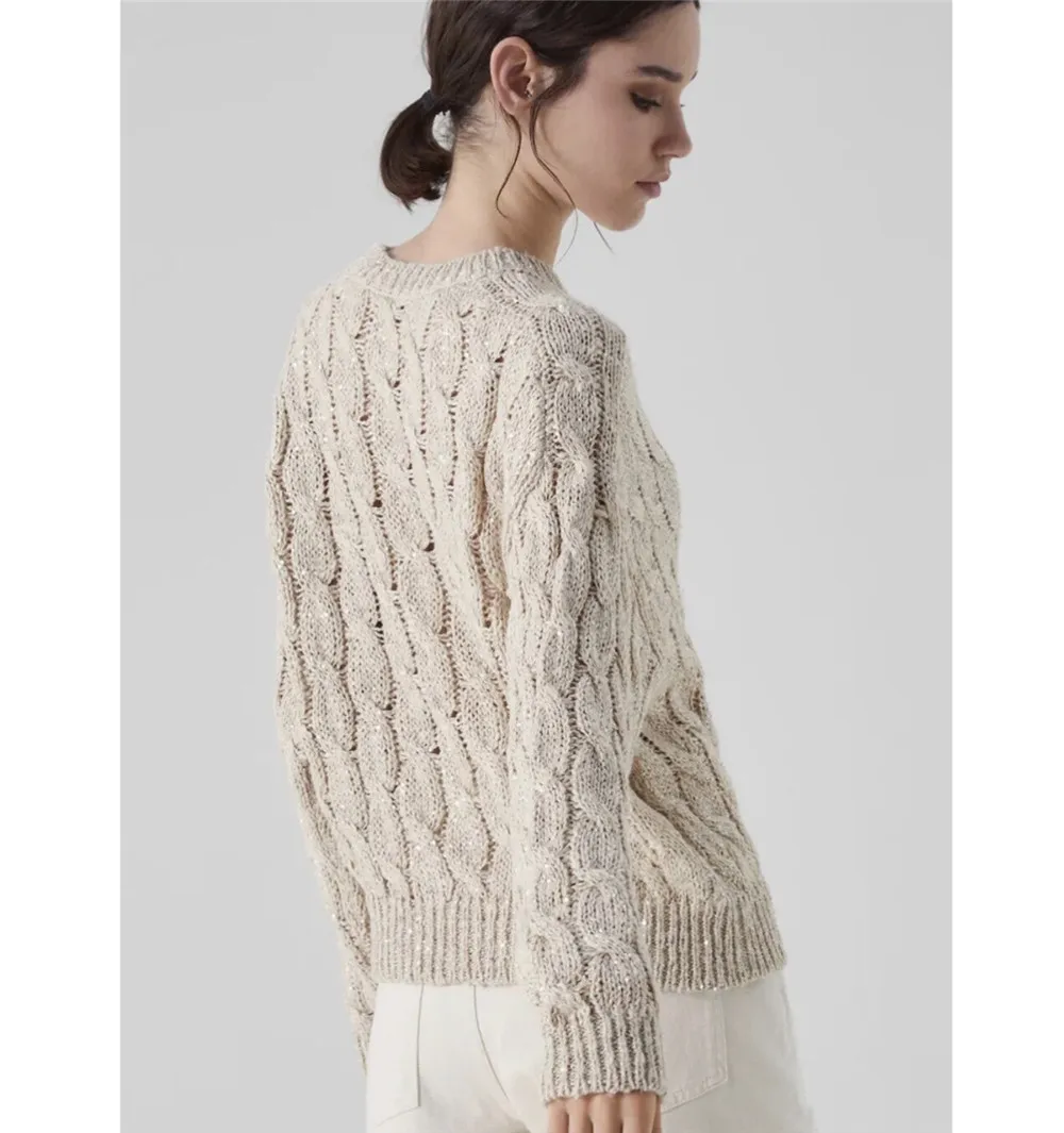 Pull ouvert en tricot à paillettes à manches longues pour femmes, pull ample décontracté, automne hiver