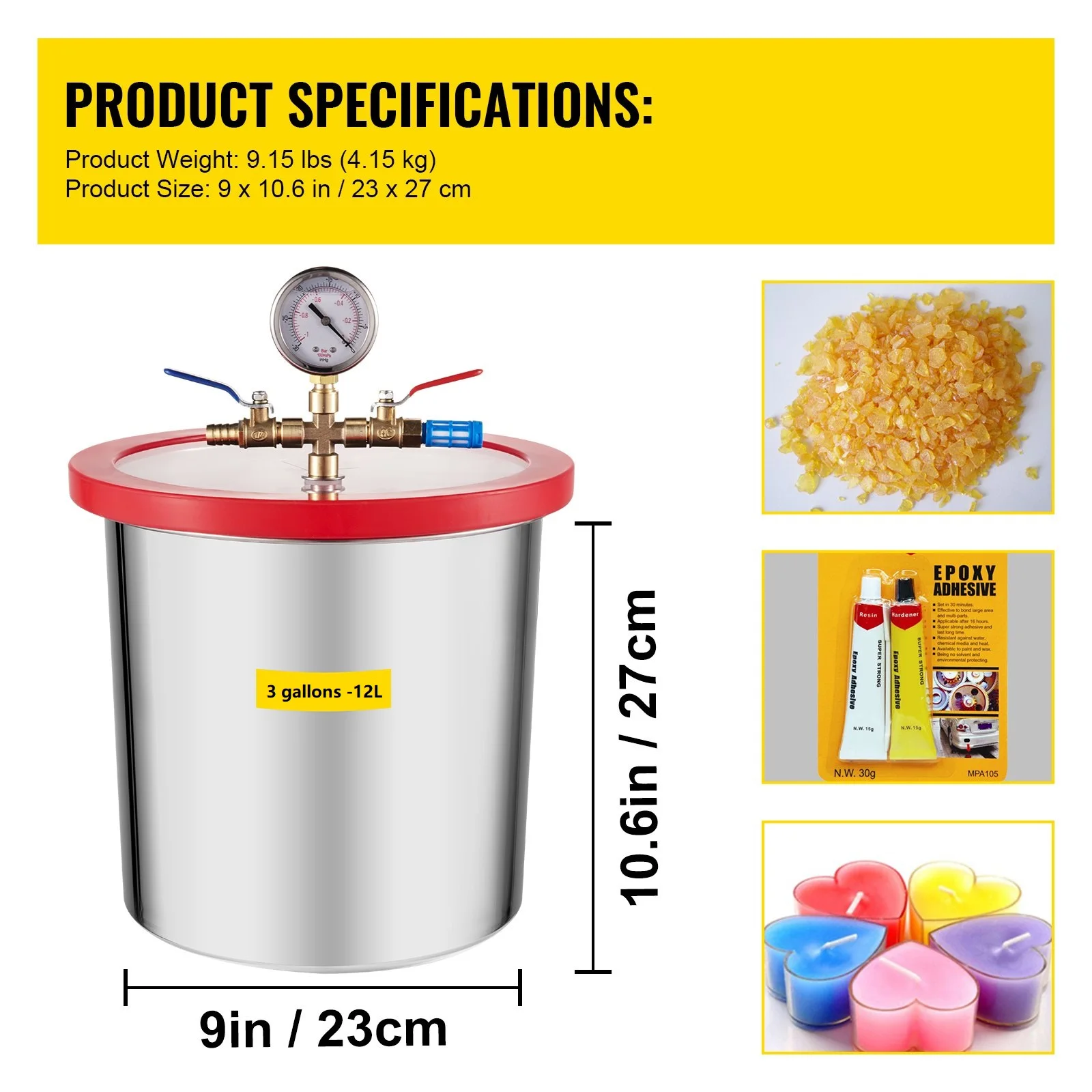 Vacuum Chamber 3 Gallon Vacuum Degassing Chamber Glass Lid Stainless Steel Degassing Chamber 12L Silicones Vacuum Chamber