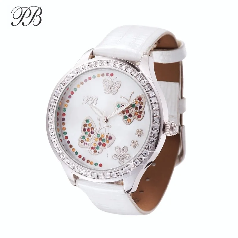 Princess Butterfly Colorful Women\'s Quartz Watch Crystal Butterfly Flower Mother of Pearl Dial Ladies Watch Leather Strap