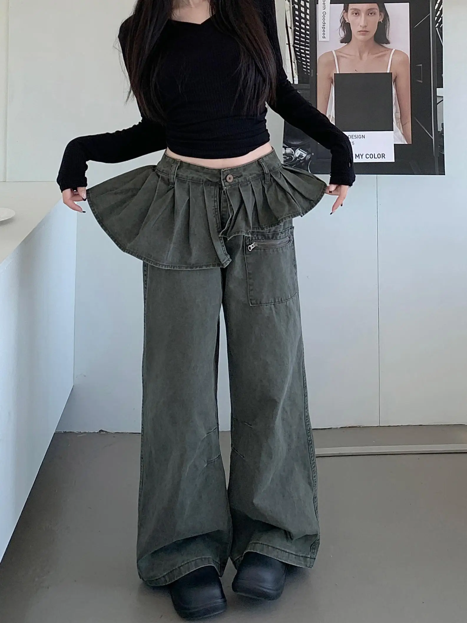 FIGOHR Korean Vintage Pleated Skirt Cover Jeans Y2k High Waist Baggy Denim Pants women high street Wide Leg Trousers