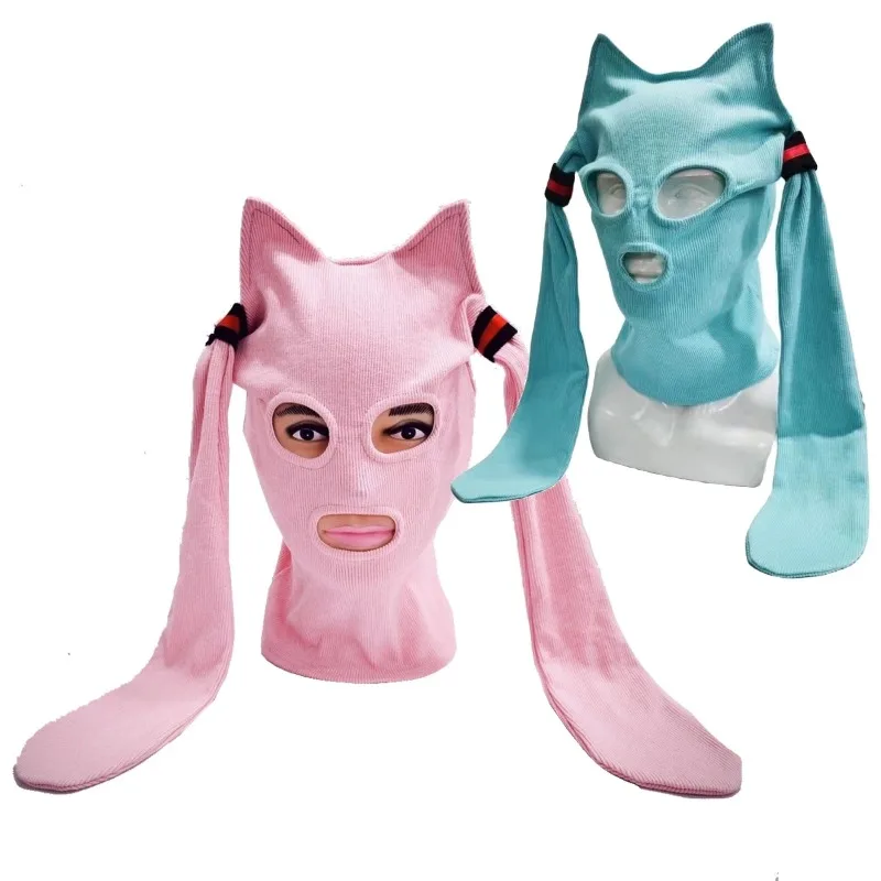 

Funny Anime Cat Ear Knitted Face Mask Cosplay Cute Knitted Hats Halloween Party Costumes Accessory Funny Full Face Helmet