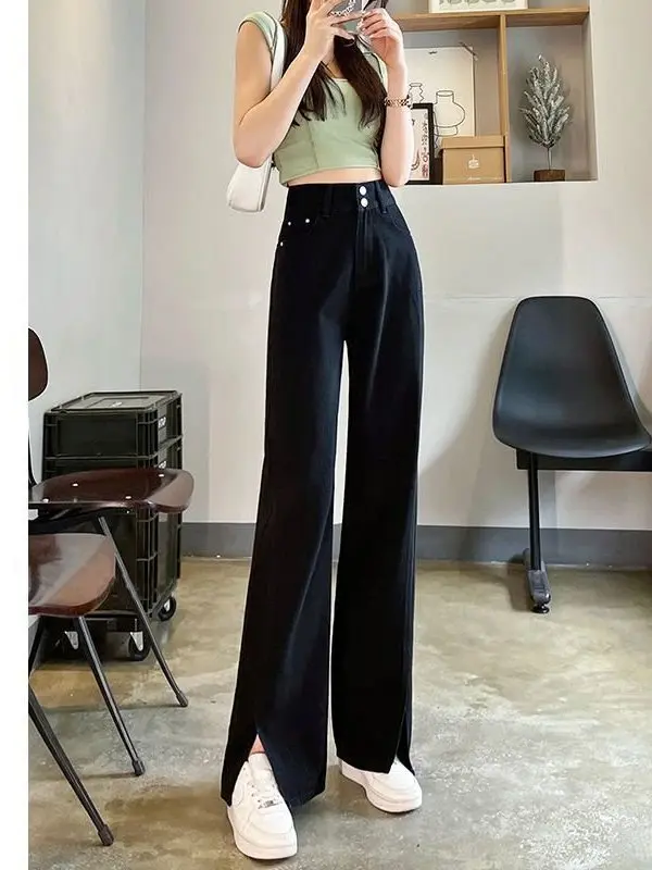 

High Waist Slit Straight Leg Jeans Women's Summer Thin Slim PU Leather Mid-Rise Cleanfit Sle Bla Color Jeans for Middle-A...
