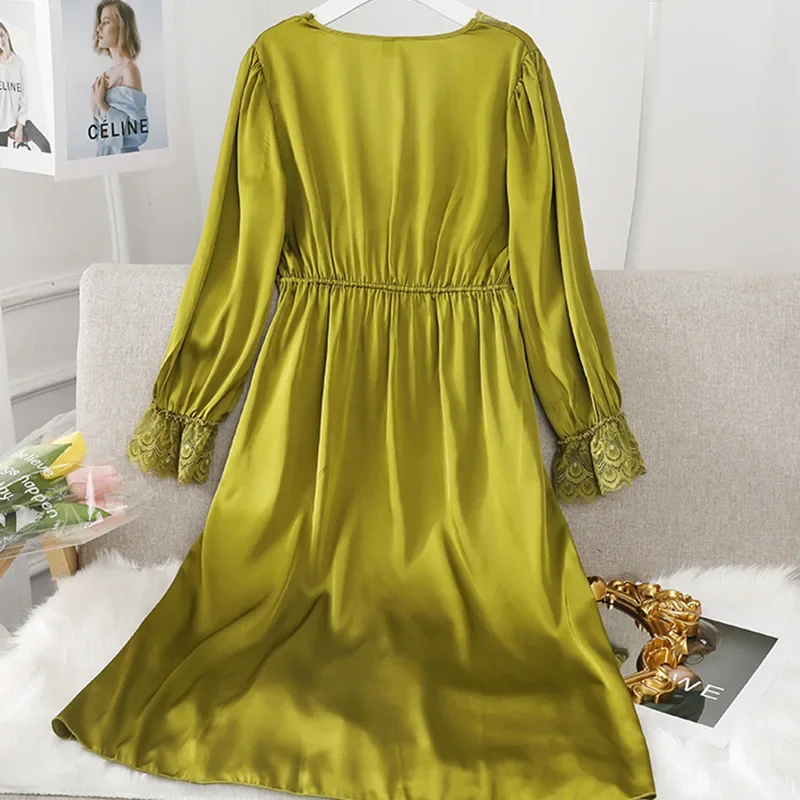 Women V-neck Long Nightgown Hollow Lace Sleepwear Home Dress Casual Sleepshirts Ladies Princess Nightwear Casual Satin Pajamas