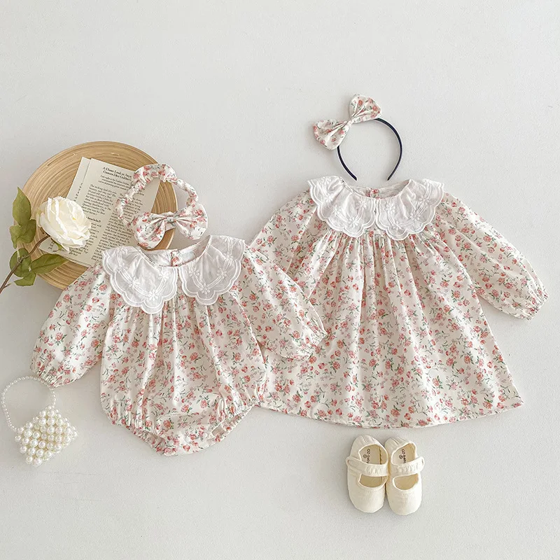 Spring 2024 Baby Girl Romper Korean Long Sleeve Sisters Floral Children Girls Dress Cotton Lace Loose Toddler Girls Outfits