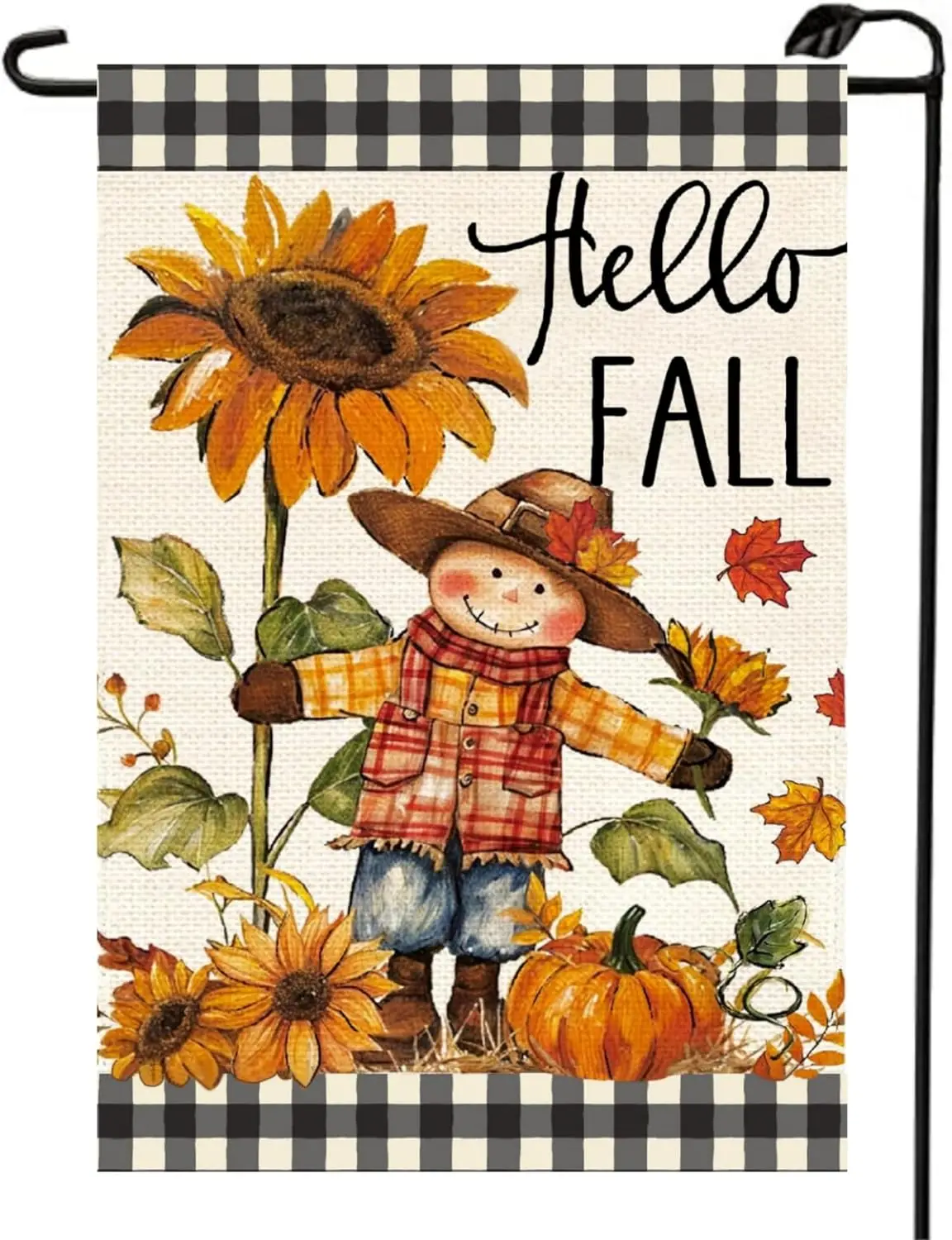 Hello Fall Scarecrow Pumpkin Garden Flag 12x18 Inch Double Sided Burlap Autumn Seasonal Thanksgiving Sunflower Buffalo Plaid yyi