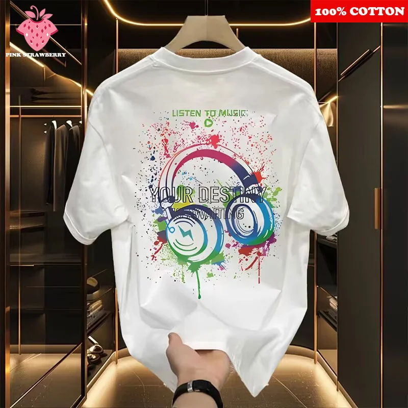 

100% Cotton High Quality T-shirt Men's Summer 2025 New Short sleeve Music headset Print Tee Loose Casual Y2k Top mens clothing