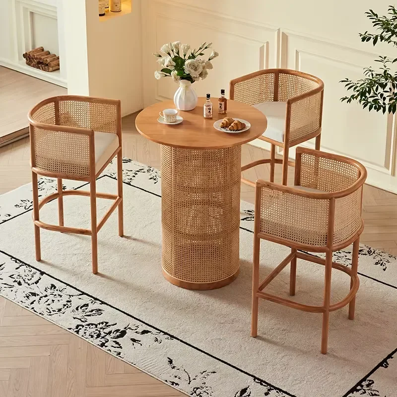 Nordic Solid Wood Rattan Cane Woven Room Coffee Side Table Modern Boho Pedestal Base Round Dining Table for Home Kitchen