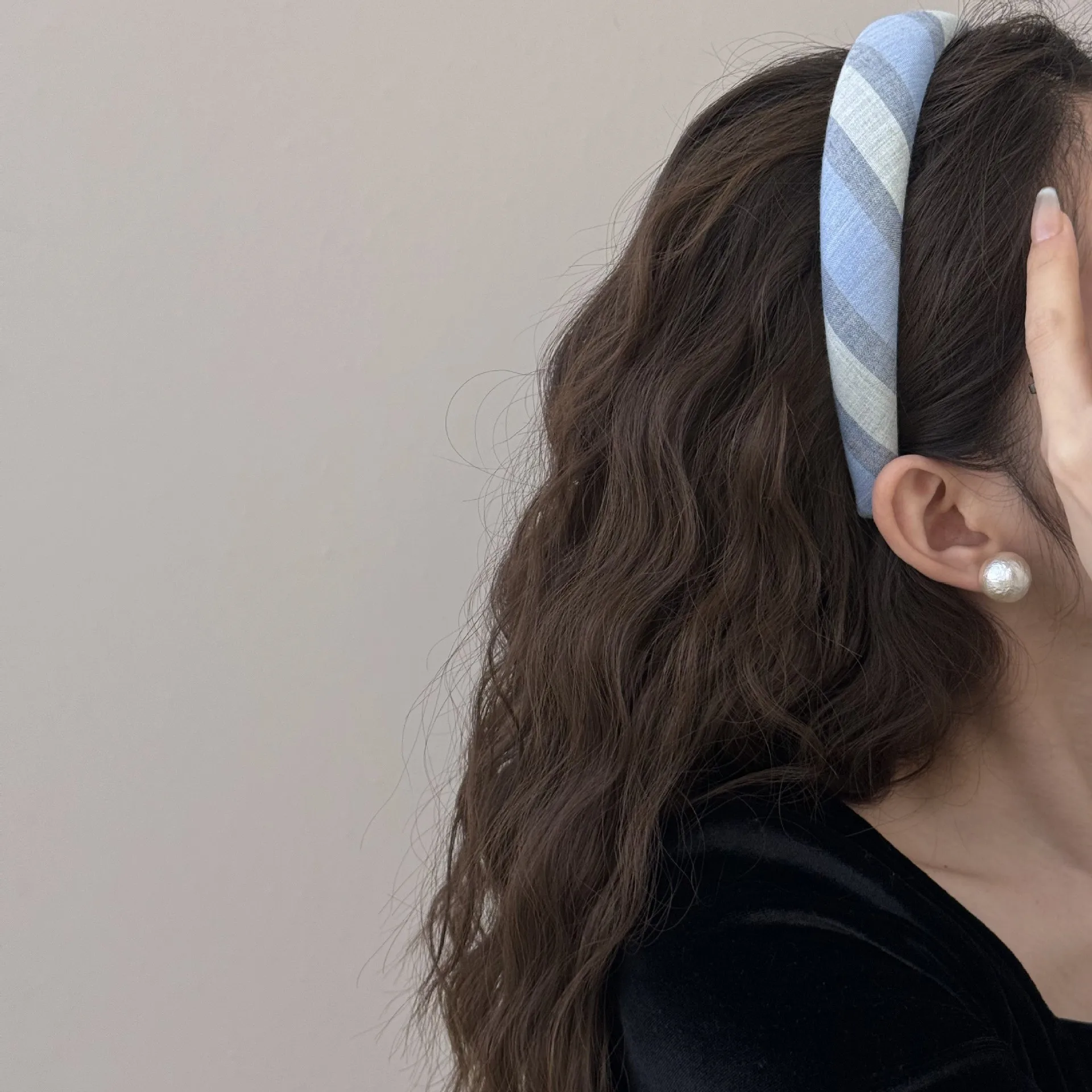 Blue Plaid Sponge Thickened Headband Wide Edge High Skull Top Hair Hoop