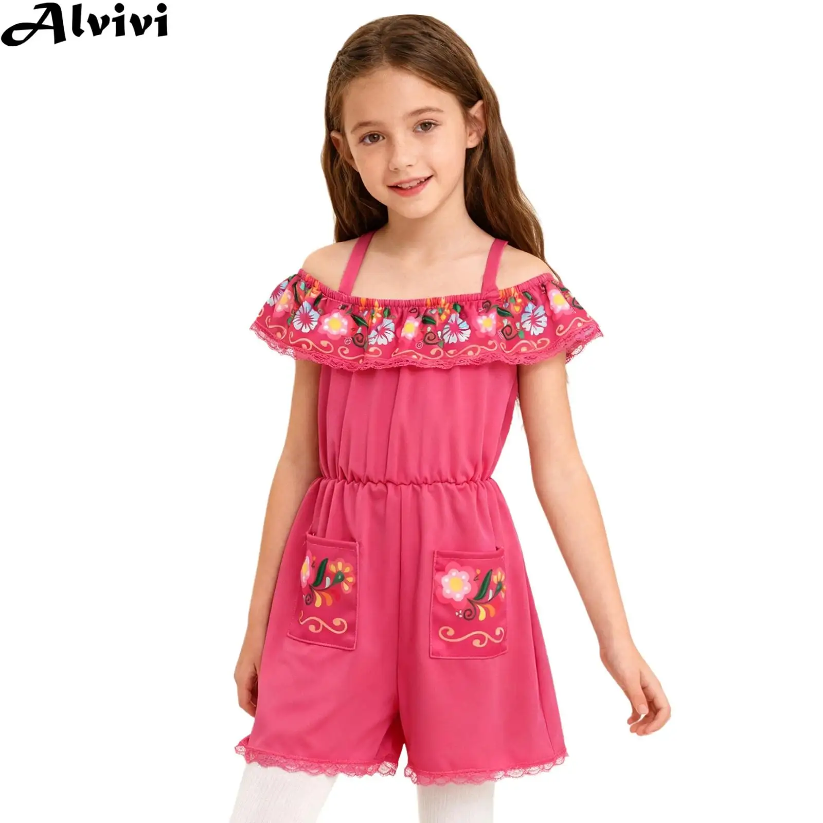 Kids Girls Mexican Traditional Ethnic Jumpsuit Off Shoulder Floral Print Lace Bodysuit for Cinco De Mayo Festival Photography