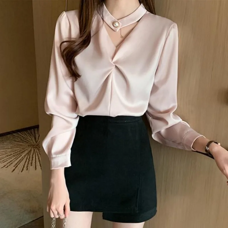 Elegant Women Chic Satin Shirt Korean Fashion New Spring Autumn Fashion Long Sleeve Embroidered Flares Solid Office Lady Blouse