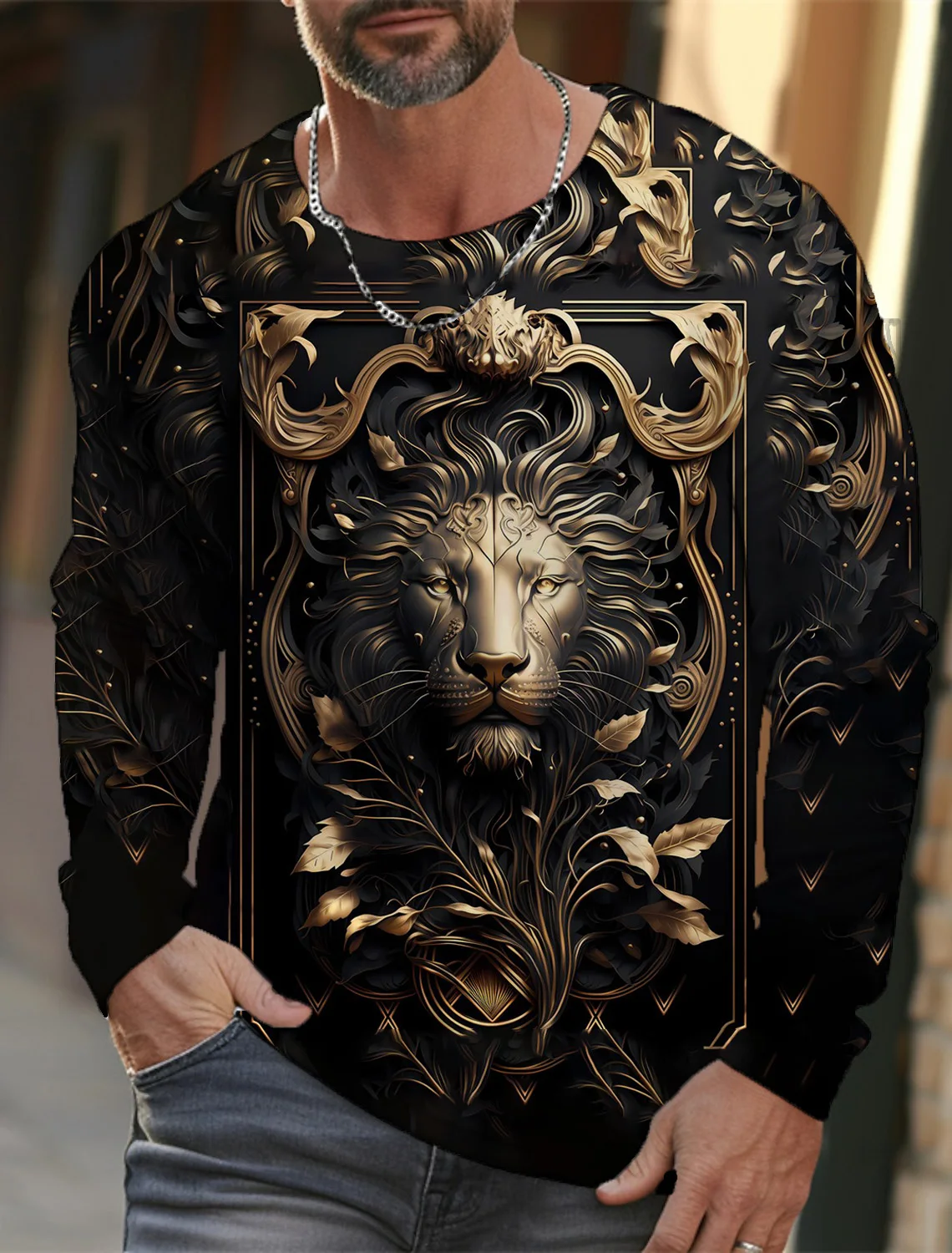 Vintage men\'s Long Sleeve t-shirt men\'s Casual Top Fashion trackwear Crown Aristocratic Lion Animal 3D Full Print Clothing