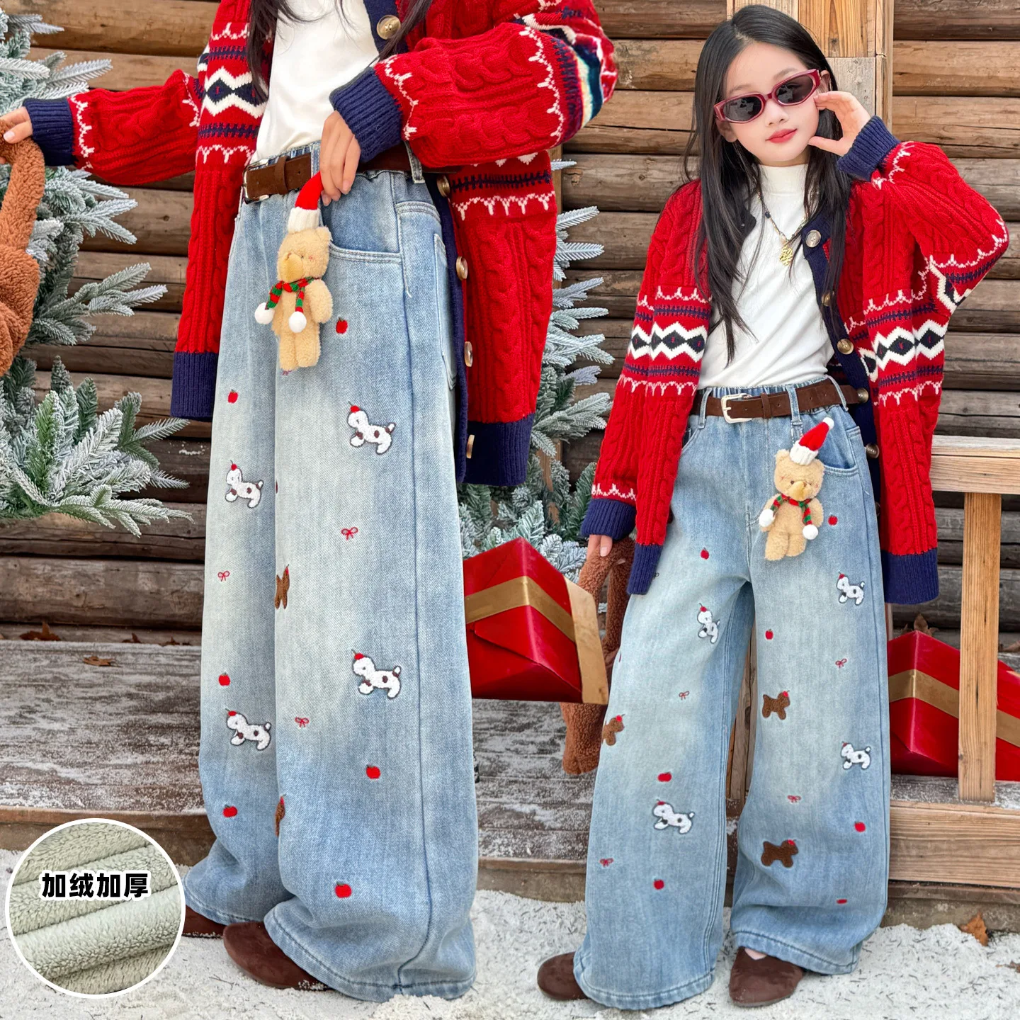 winter teen girls Thick Velvet jeans kids Embroidery dog Wide Leg Cowboy Pants child Christmas Cartoon Casual Long trousers 4-14