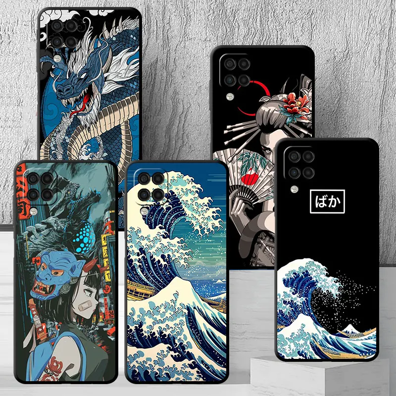 Black Case for Samsung Galaxy A52 A73 5G A33 A12 A53 A22 A13 4G A24 A14 A23 A54 A70 Soft Phone Cover Japanese Wave Girl Dragon