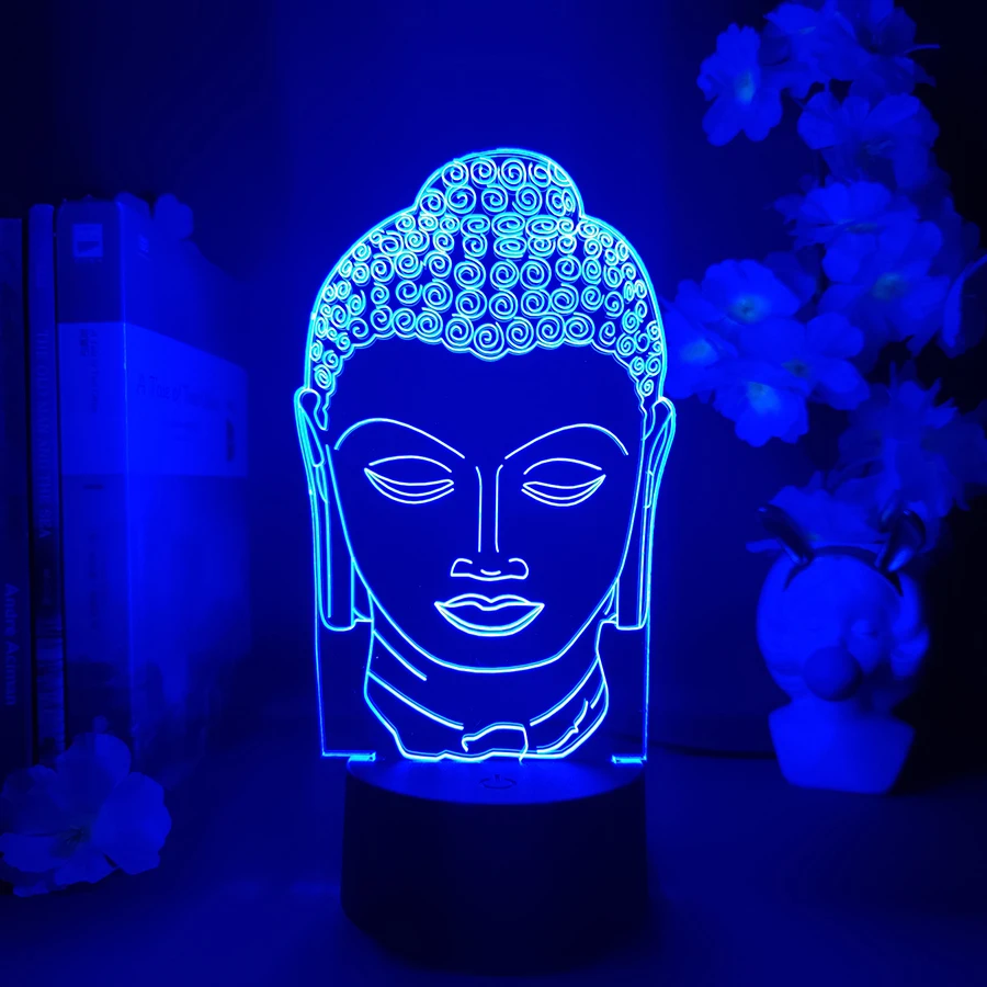 Buddha Head Statues 3D Vision Lamp Home Decoration Religion Art Nightlight for Room Fireplace Holiday Decor LED Table Lights