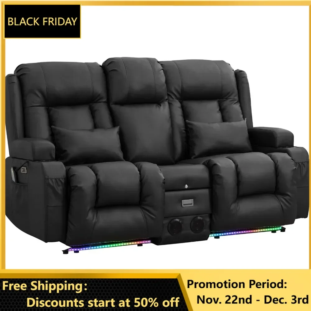 Loveseat Recliner Sofa, Flipped Middle Backrest/Bluetooth Speakers/USB/Built-in Outlets, LED Ambient Light, Double Recliner Sofa