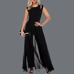 Women Trendy 2025 Summer Long Jumpsuit Slim-fit O-neck Sleeveless Hollow Milk Silk Solid Color Bodysuit Ropa De Mujer Streetwear