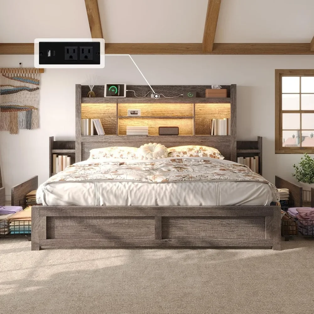 Marco de cama King con cabecera de librería de 49,6 pulgadas y 2 estantes para mesitas de noche y 4 cajones, marco de cama de madera de granja