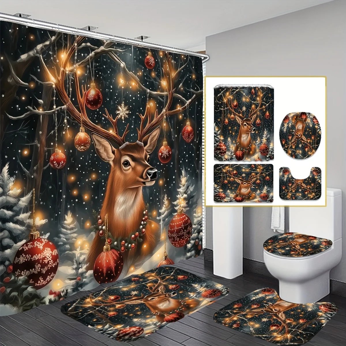 

4 шт. Рождественский праздничный набор для ванной с оленями – нескользящий коврик, U-образный чехол для унитаза, прочные крючки, зимняя тема животного, забавный декор кабины