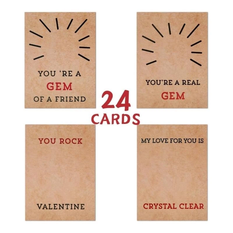 090F 24 Pieces Valentines Cards with Heart-Shape Crystals, Festival Greeting Cards