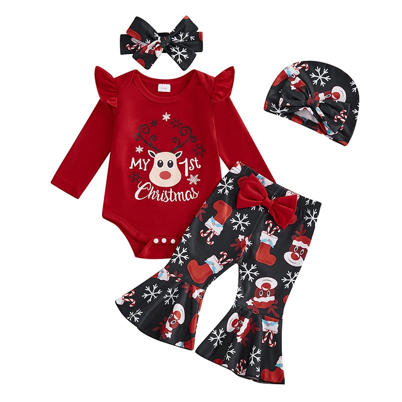 Baby Girls Christmas Outfits Elk Print Long Sleeves Romper and Elastic Flared Pants Headband Hat Set 4 Piece Clothes