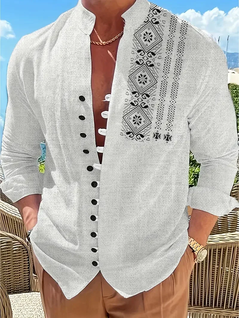 New Men's Ethnic Style Linen Long Sleeve Shirt Men Button Fashion Trendy Boat Anchor Pattern Fit Comfortable Vintage Top