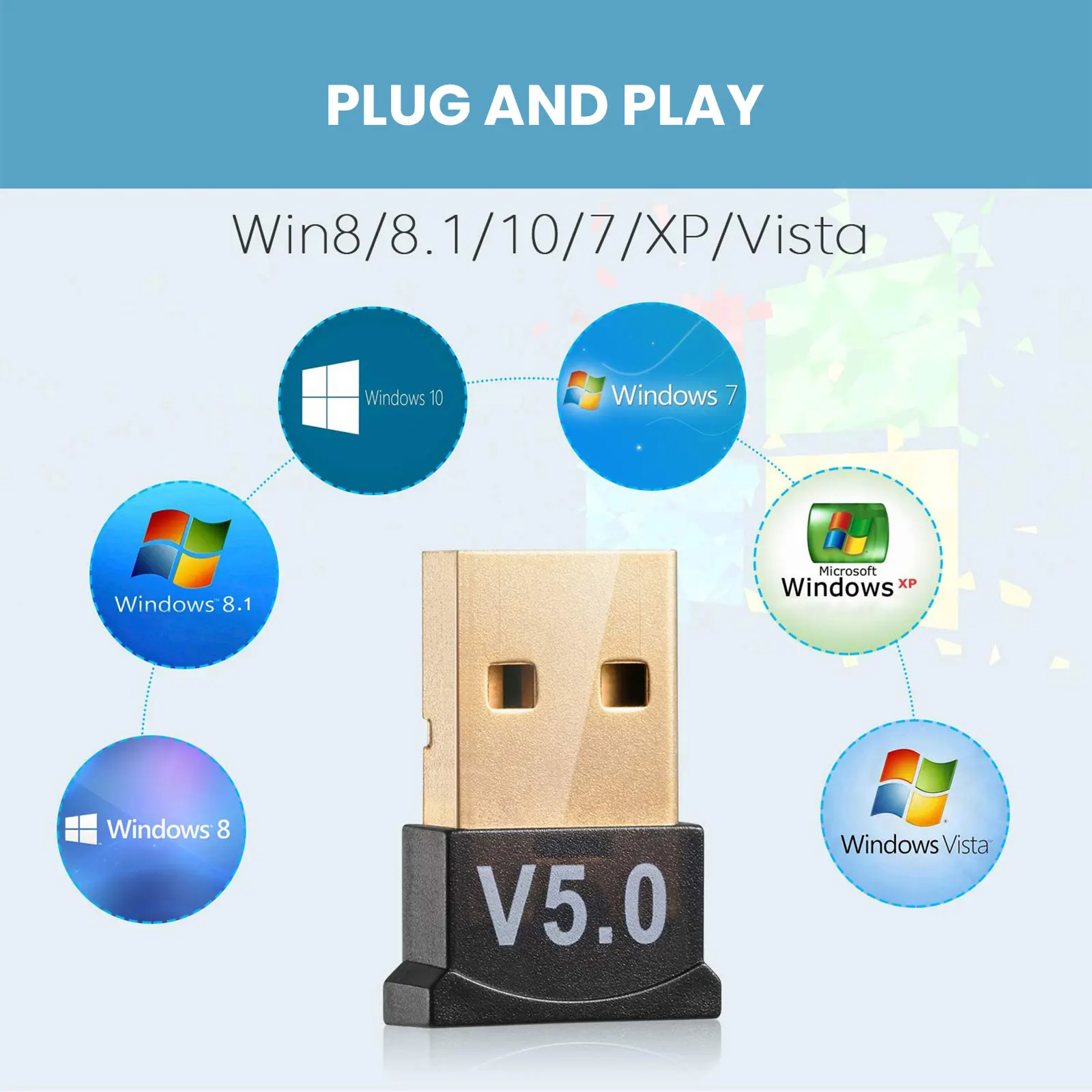 Adaptador Bluetooth 5.0 USB Receptor Sem Fio para PC Notebook Fones de Ouvido e Gamepad Plug and Play Conexão Estável
