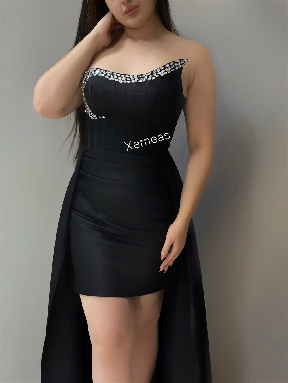 Customized Charmeuse Rhinestone Chic Strapless Straight Black Short Dresses Bespoke Occasion Women Evening Party Glitter