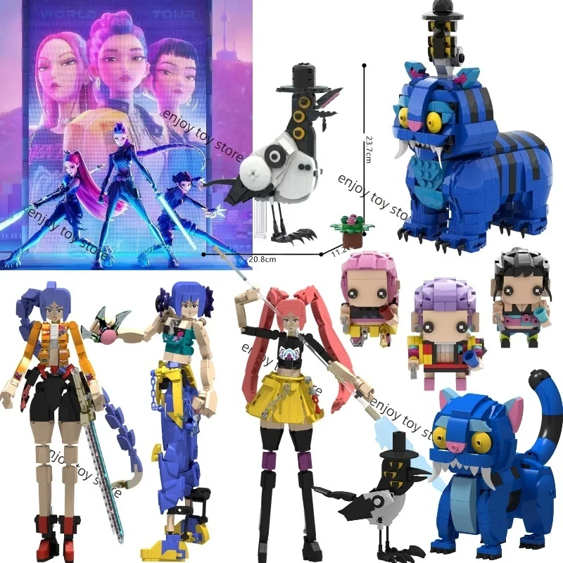 

Anime Kpop Demons Hunters building block Cute Tiger Black Hat Magpie With 3 Eyes Hunt Girl Assembled figurine toy For Fans Gift