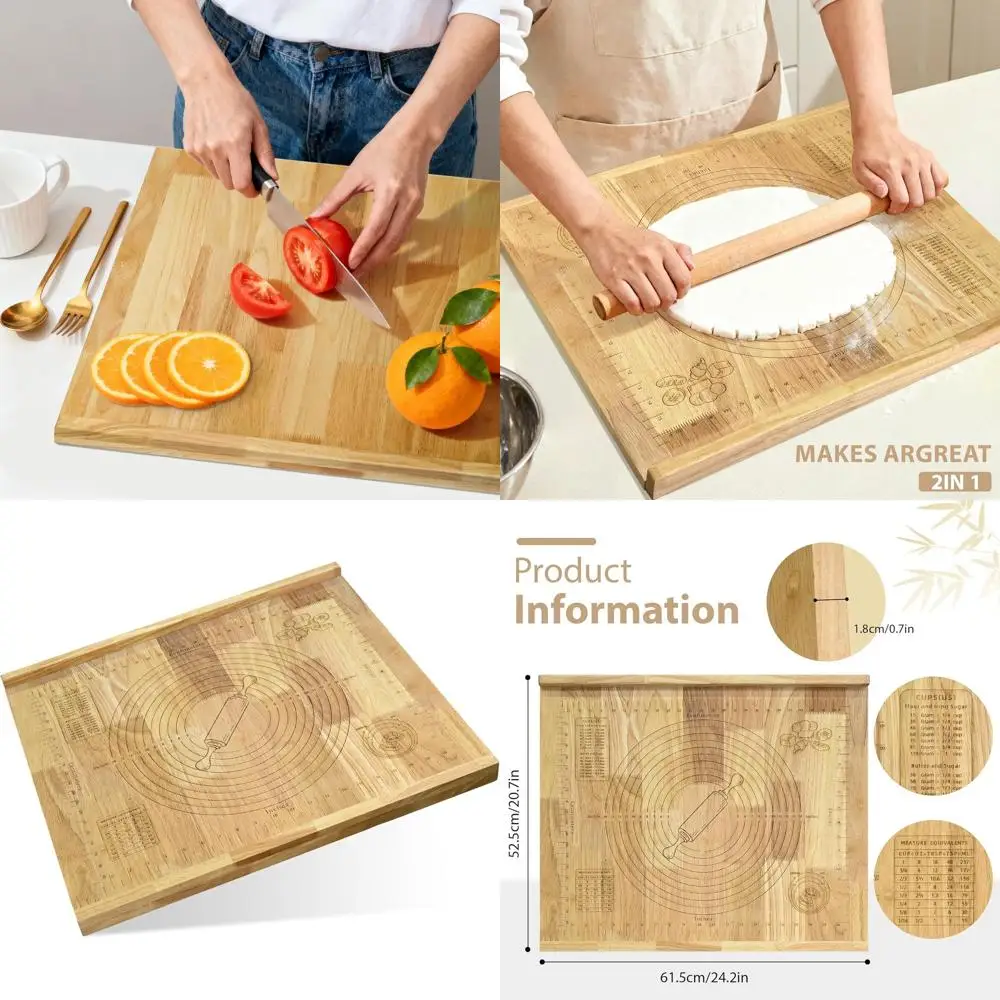 

24 x 20 Reversible Wooden Pastry Board with Engraved Ruler and Side Lip for Dough Rolling and Baking