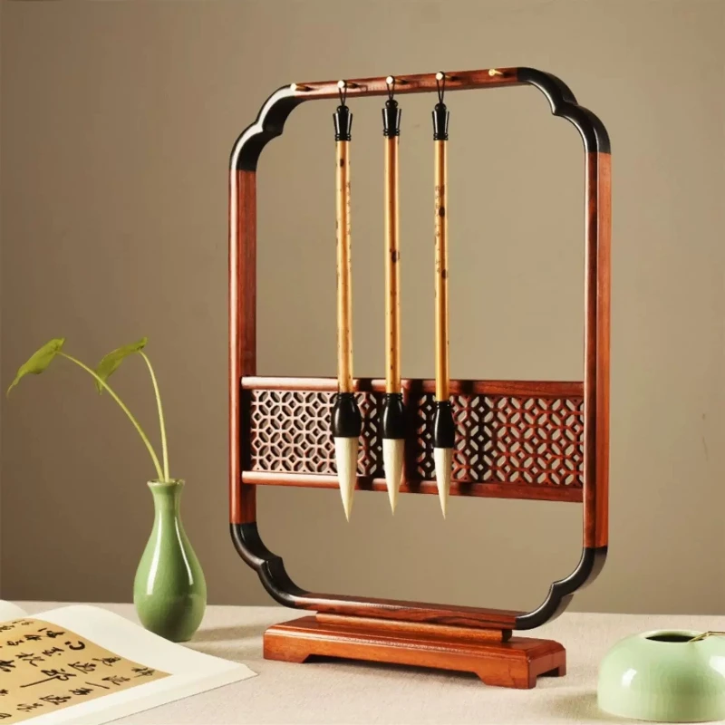 Rosewood Plum Blossom Window Style 10 Pin Brush Stand Large Calligraphy Pen Rack Creative Study Brass Hooks Desk Organizer