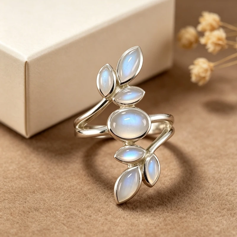 Boho Vintage Leaf Branch Moonstone Ring Silver Color Gemstone Statement Rings For Women Daily Party Jewelry Wedding Gift For Her