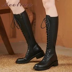 Meotina Women Genuine Leather Knee High Boots Round Toe Flat Platform Zipper Lace-up Boot Ladies Shoes Autumn Winter Black 42