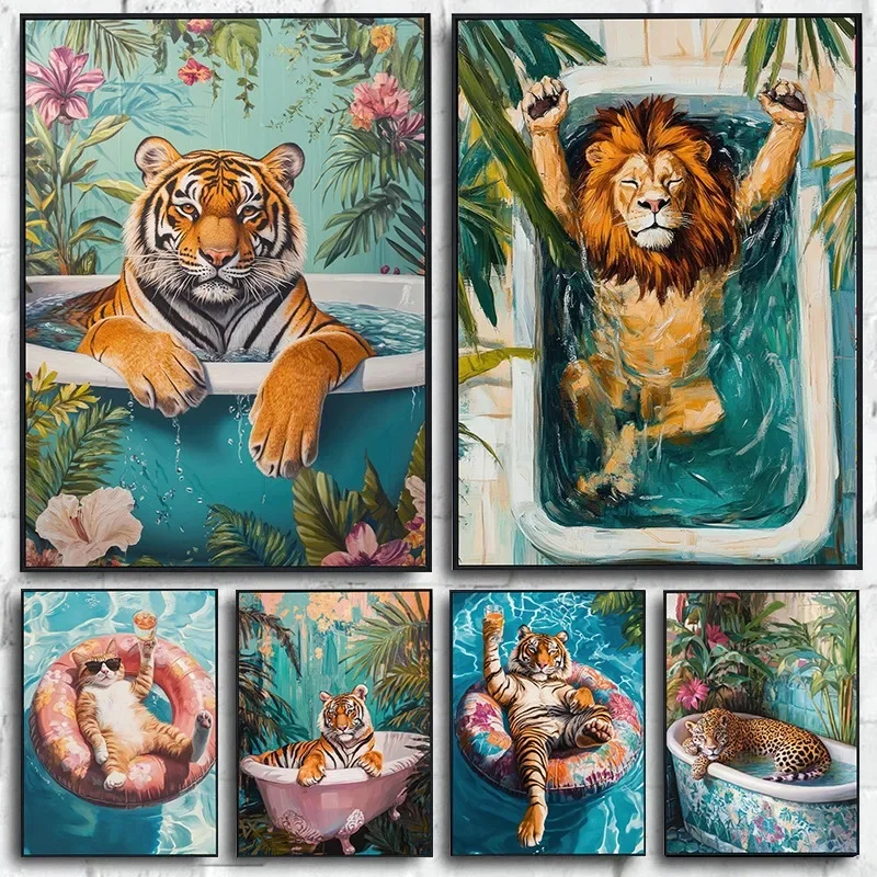 Póster Tropical de Verano con Animales Relajados en Flotadores de Piscina, Pintura en Lienzo de León, Tigre y Gato, Arte de Pared Divertido para Baño, Sala de Estar y Hogar