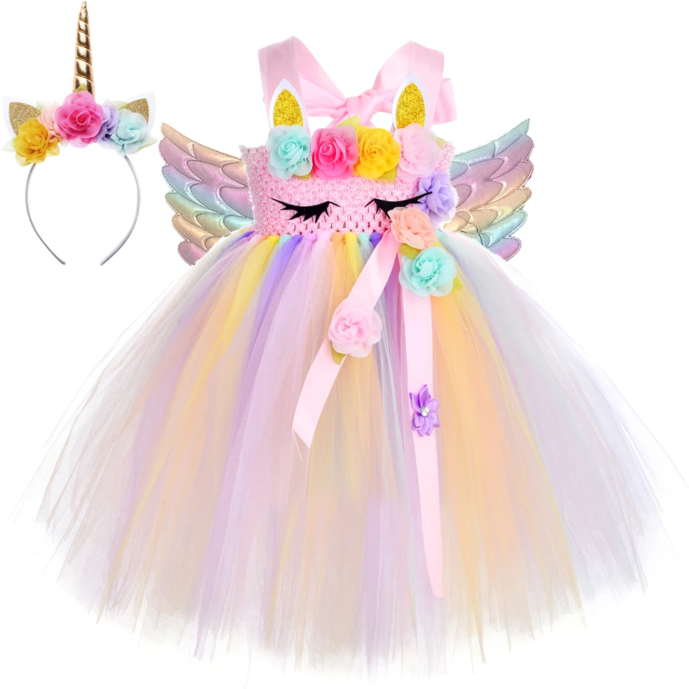 Pastel Flowers Girls Unicorn Dresses for Kids Birthday Christmas Costumes Girl New Year Princess Ballet Tutus Outfit with Wings