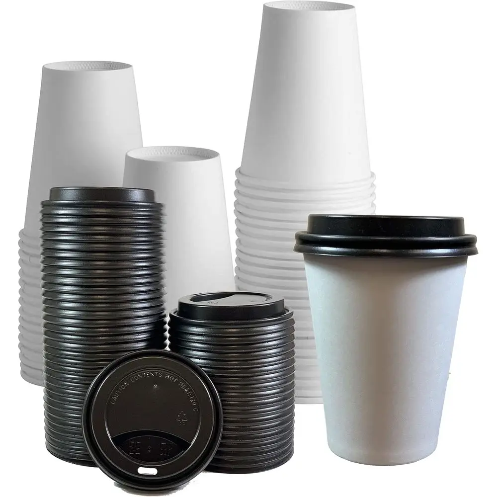 

12oz White Paper Coffee Cups with Black Lids, Disposable 400-Count Set