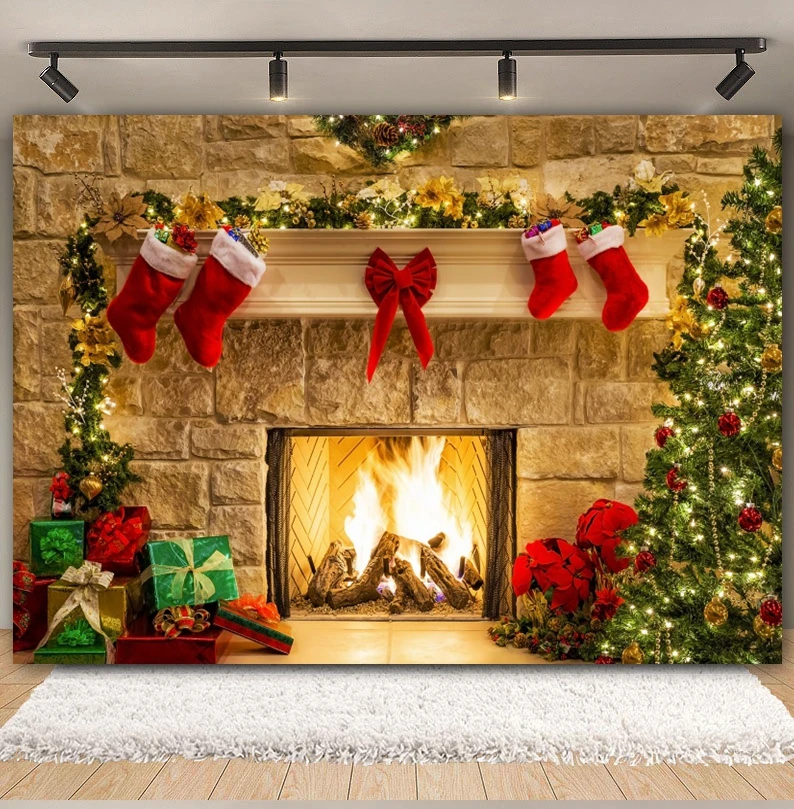 Christmas Backdrop Old Brick Fireplace Interior Xmas Tree Gifts Toy Bear Kids Portrait Christmas Photography Background Decor