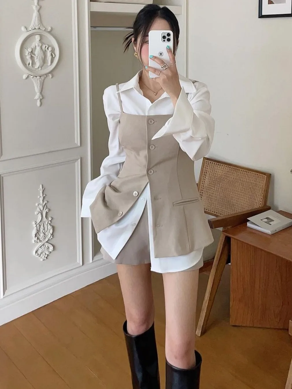 Fashionable Commute Style Women\'s Shirt Suit Vest Set Quality Cotton 100% Elegant Atmosphere Office Wear Casual Chic