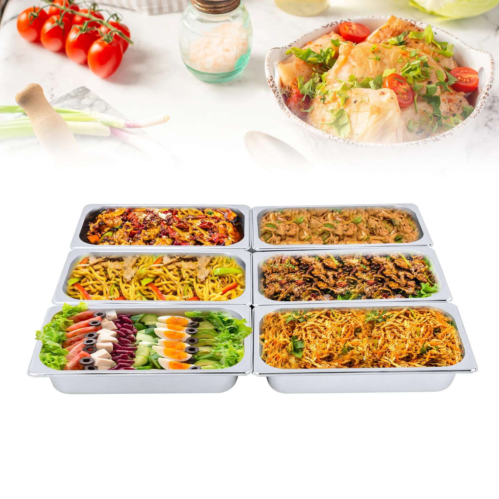

6 Pack Stainless Steel Steam Table Pan ,22 Gauge Metal Commercial Catering Food Pans Anti Jam Food Storage Containers, Silver