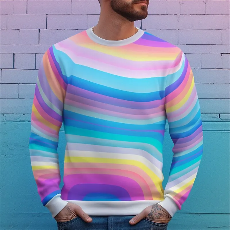 3D Rainbow Colorful Print Sweatshirt For Men Fashion Feel Long Sleeve Round Neck Hoodies Autumn Stylish Comfortable Male Clothes