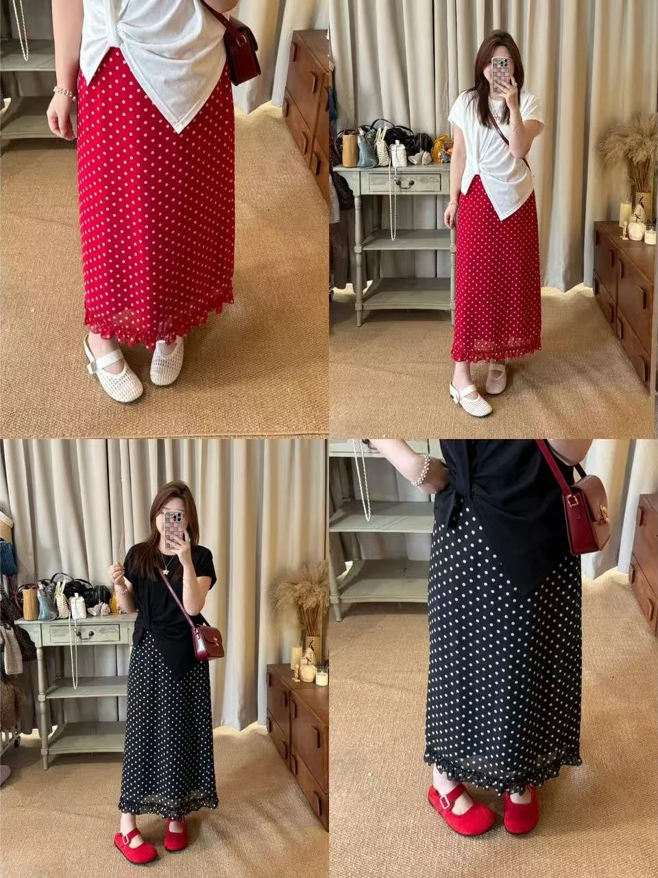 

JGGU Crystal Green Label Retro High Waist Elastic Polka Dot Midi Skirt Slimming Fashionable Spring Season Women's Casual Skirt