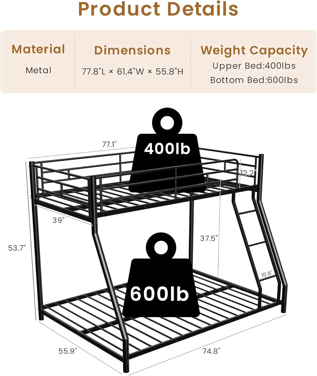 سرير مزدوج بطابقين كامل، إطار معدني شديد التحمل، سلم EVA، درابزين كاملة، أسود