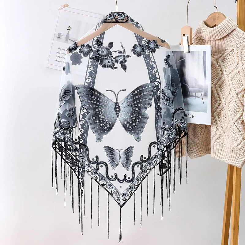 New Elegant Tassel Triangle Scarf Fashion Solid Color Hollow Lace Butterfly Embroidered Triangular Shawl Scarf For Women