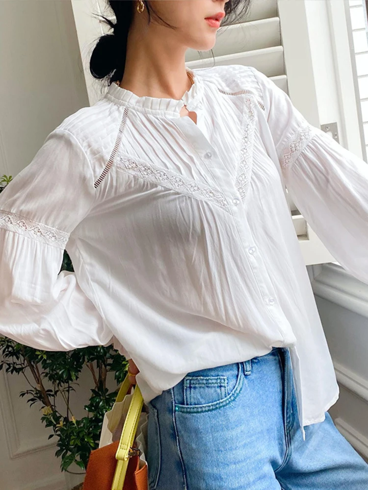 GypsyLady Elegant Chic Blouse Shirt White Rayon Lace Patchwork Spring Summer Women Blouse Long Sleeve Casual Ladies Top Shirt