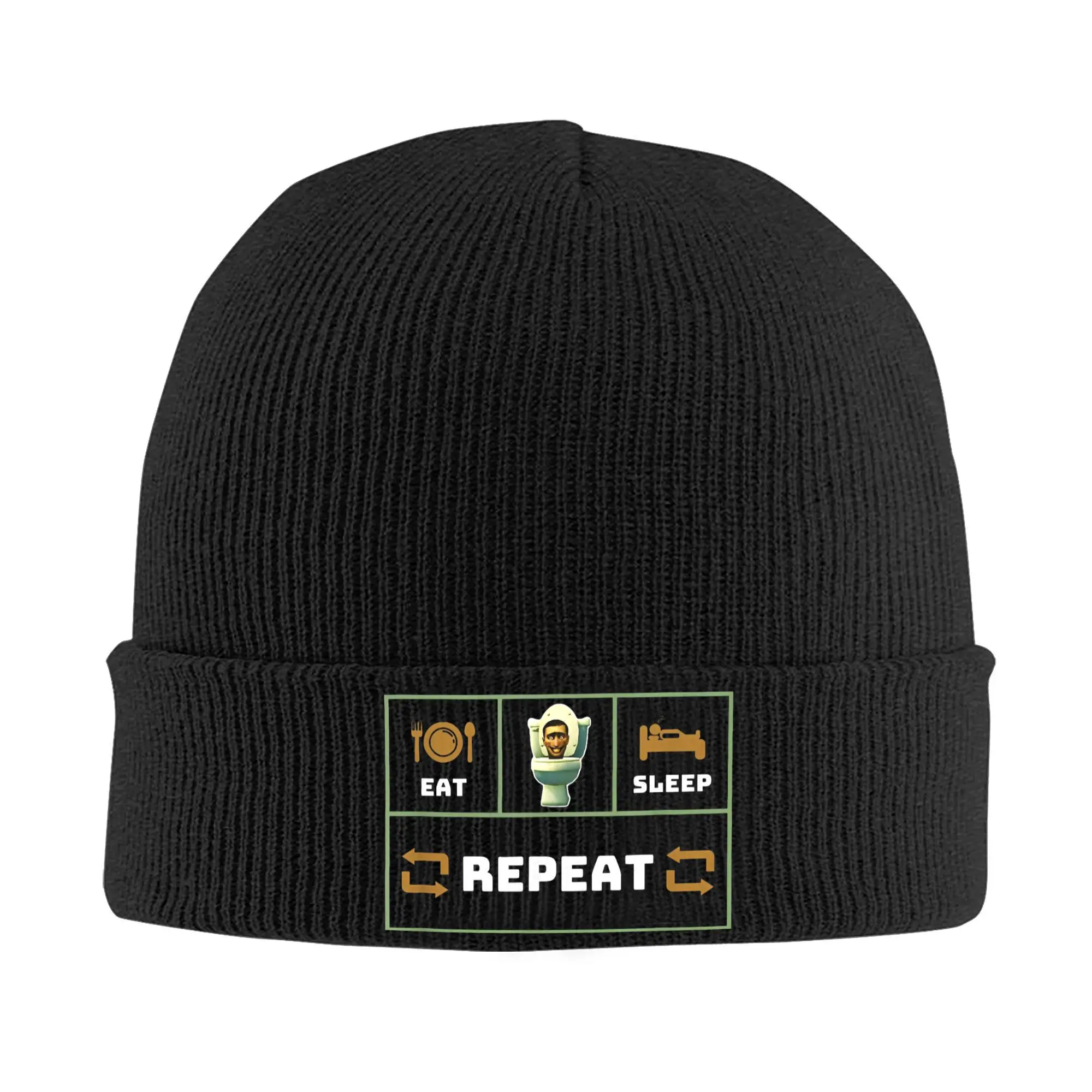 Eat Skibidi Toilet Sleep Repeat Funny Knitted Caps Women's Men's Skullies Beanies Autumn Winter Casual Hat Acrylic Warm