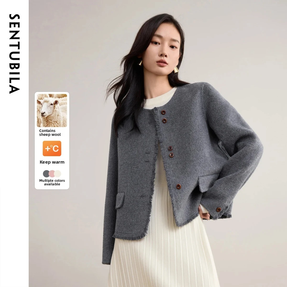 

SENTUBILA элегантные шерстяные пальто для женщин, однобортные однобортные однотонные куртки с круглым вырезом, женские зимние теплые короткие пальто 2025 W54OF8788