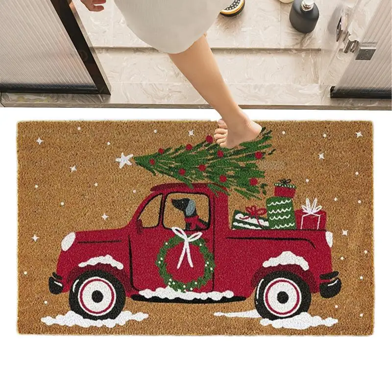 Christmas Outdoor Mat Entrance Car Pattern Carpet Welcome Christmas Mat Non-Slip Washable Winter Doormat Rugs For Indoor Outdoor