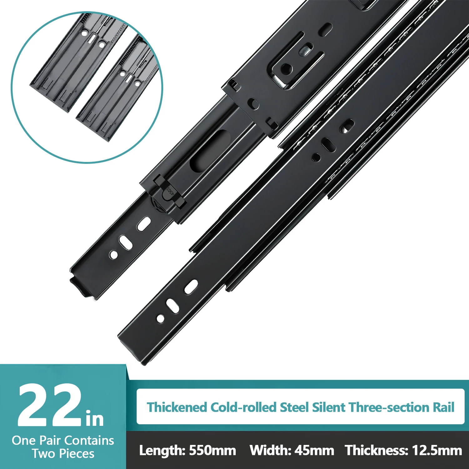 22 Inch Soft Close Drawer Slides, Full Extension Ball Bearing Damping Telescopic Drawer Runners, Heavy‑Duty Quiet Silent Side Mount Cabinet Drawer Slide, Anti‑Rust Black Coated Hardware for Home Furniture Cabinet DIY Replacement, 1 Pair