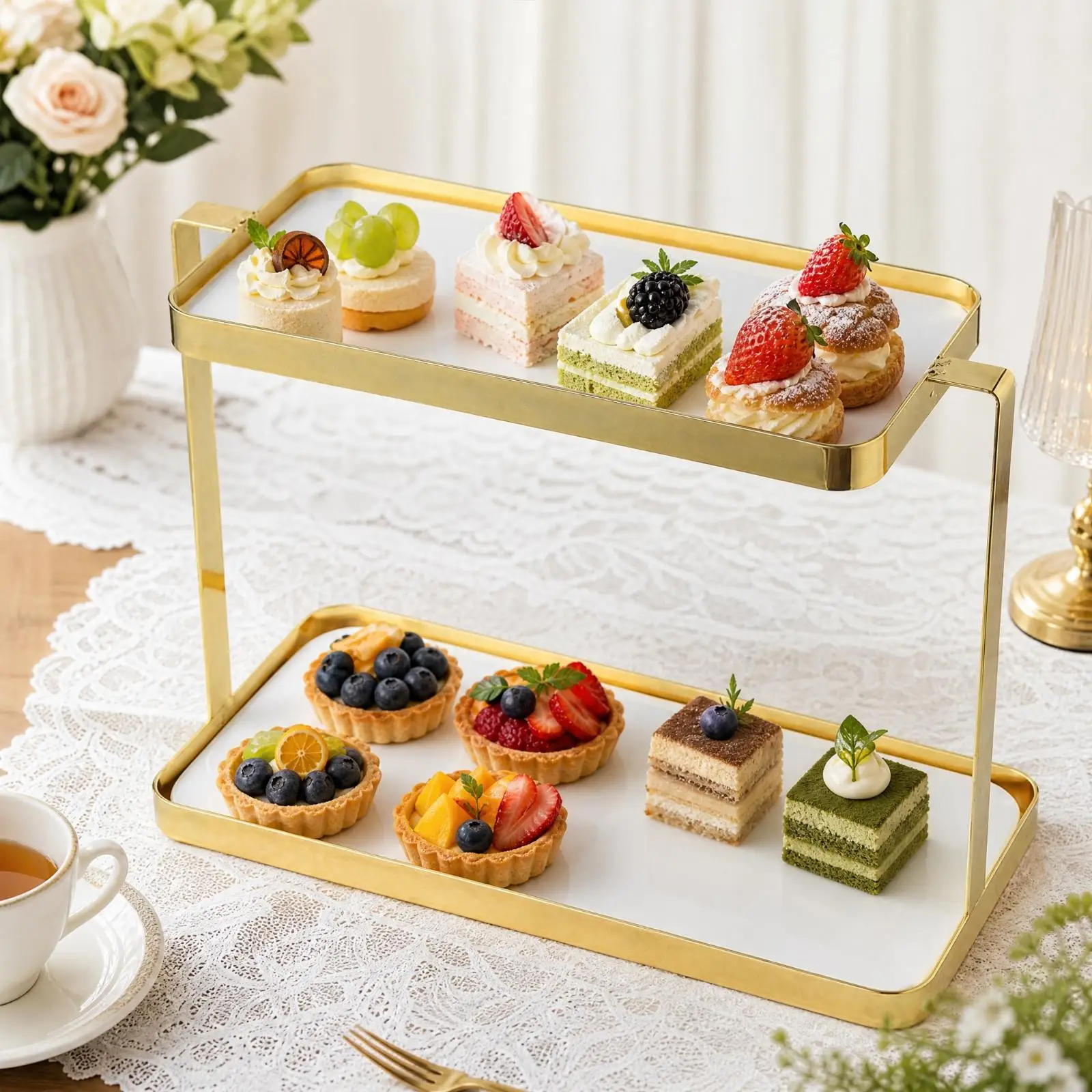 Elegant Ceramic Cake Display Tray with Gold Metal Frame for Dessert Table Party Serving Stand